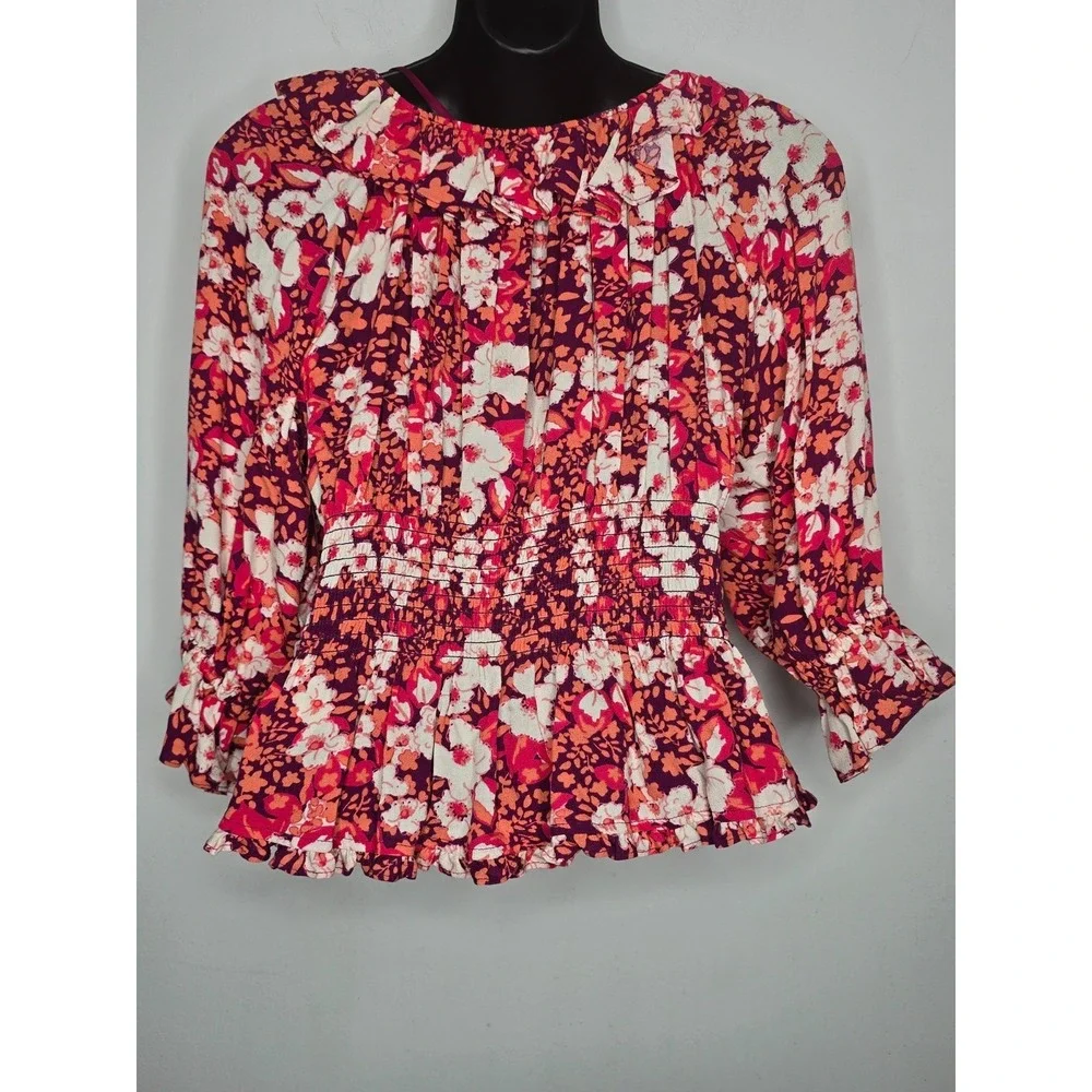 Free People Top XS Sweet Memories NEW Floral Ruffle Cottagecore Puff Sleeves $88
